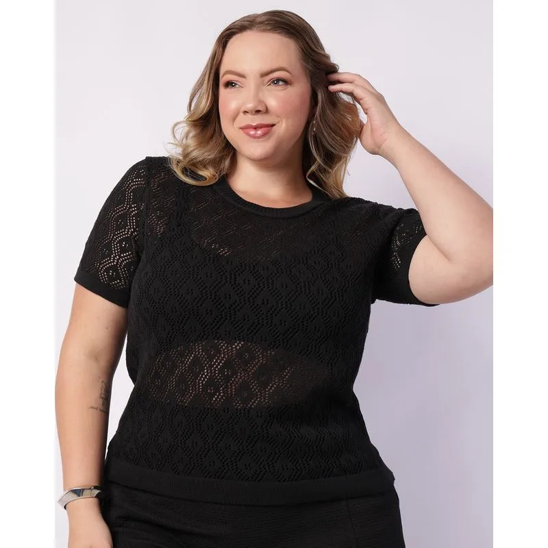 Blusa Plus Size Feminina Tricô Vazado Manga Curta Preta G1