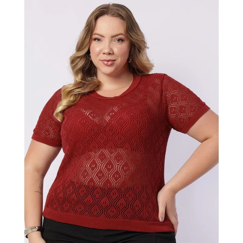 Blusa Plus Size Feminina Tricô Vazado Manga Curta Vinho G3