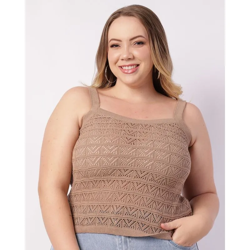 Regata Plus Size Feminina Tricô Bege G1