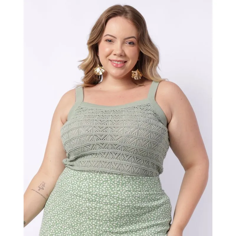Regata Plus Size Feminina Tricô Verde G1