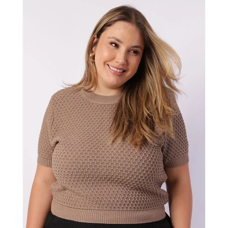 Blusa Plus Size Feminina Tricô Manga Curta Bege G2