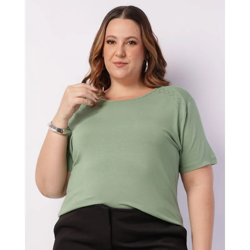 Blusa Plus Size Feminina Detalhe Strass no Ombro Verde G3