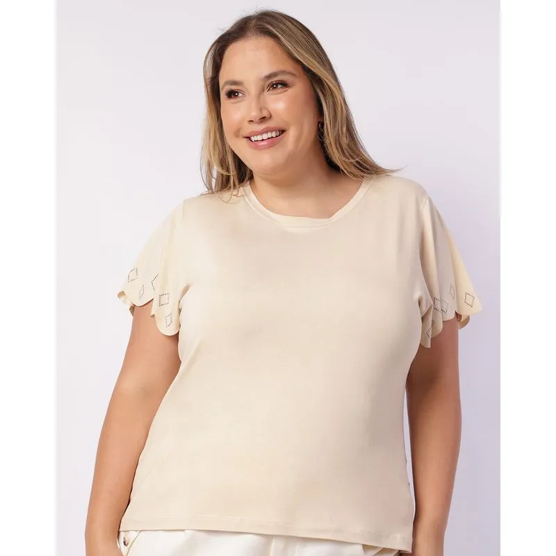 Blusa Plus Size Feminina Detalhe Manga Bege G1