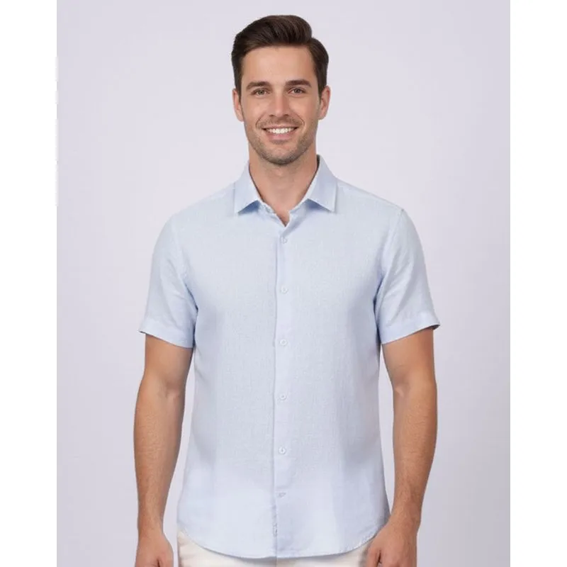 Camisa Masculina Algodão com Linho Manga Curta Azul GG