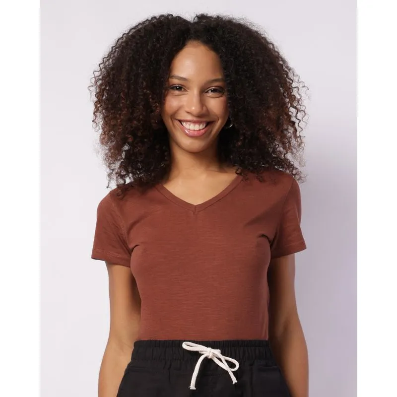 Blusa Feminina Algodão Flamê Decote V Manga Curta Marrom P