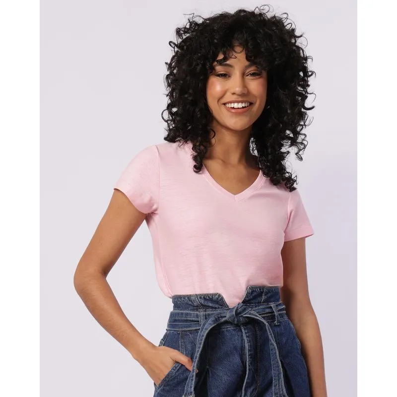 Blusa Feminina Básica Decote V Algodão Manga Curta Rosa M