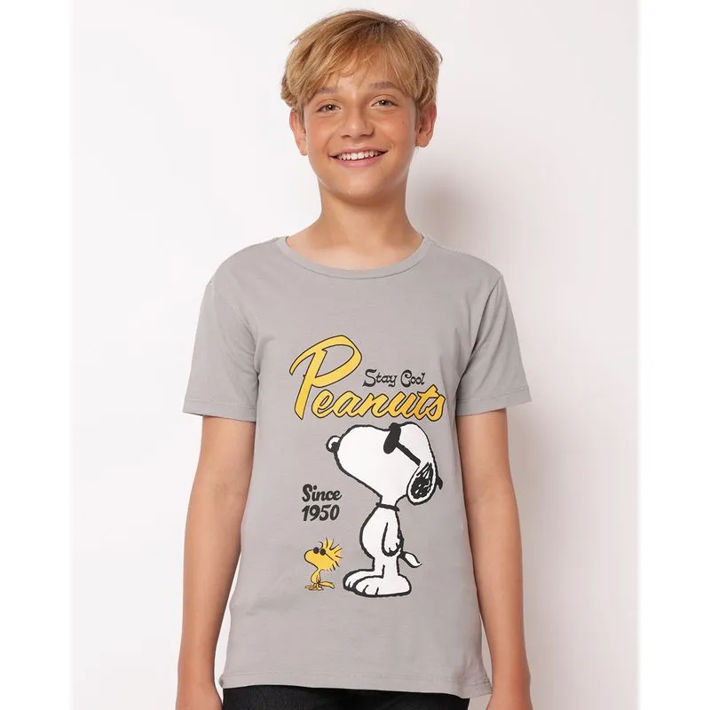 Camiseta Juvenil Algodão Estampa Snoopy Cinza 16