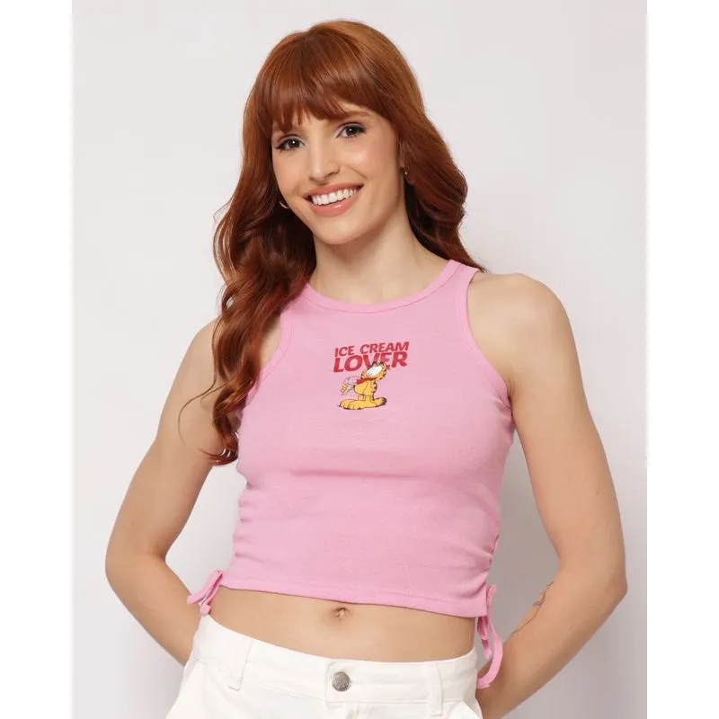 Regata Feminina Cropped Algodão Garfield Amarração Lateral Rosa G