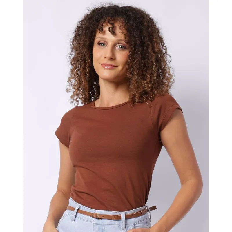 Blusa Feminina Básica Manga Curta Marrom G