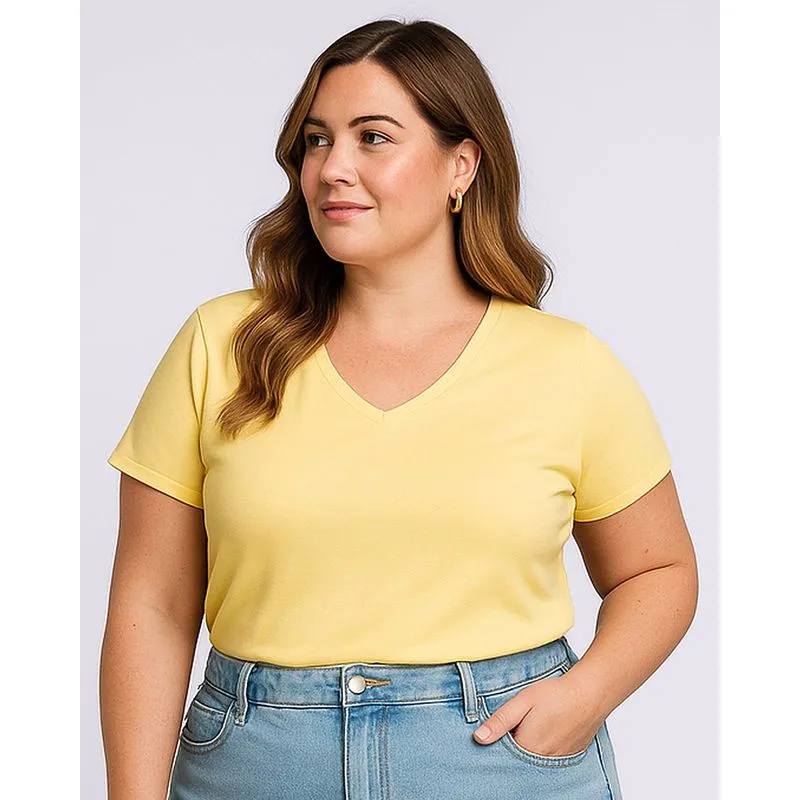 Blusa Plus Size Feminina Básica com Decote V Amarela G1