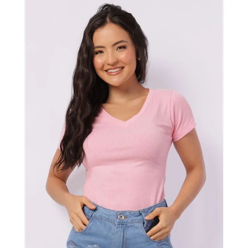 Blusa Feminina Básica Decote V Canelada Manga Curta Rosa M