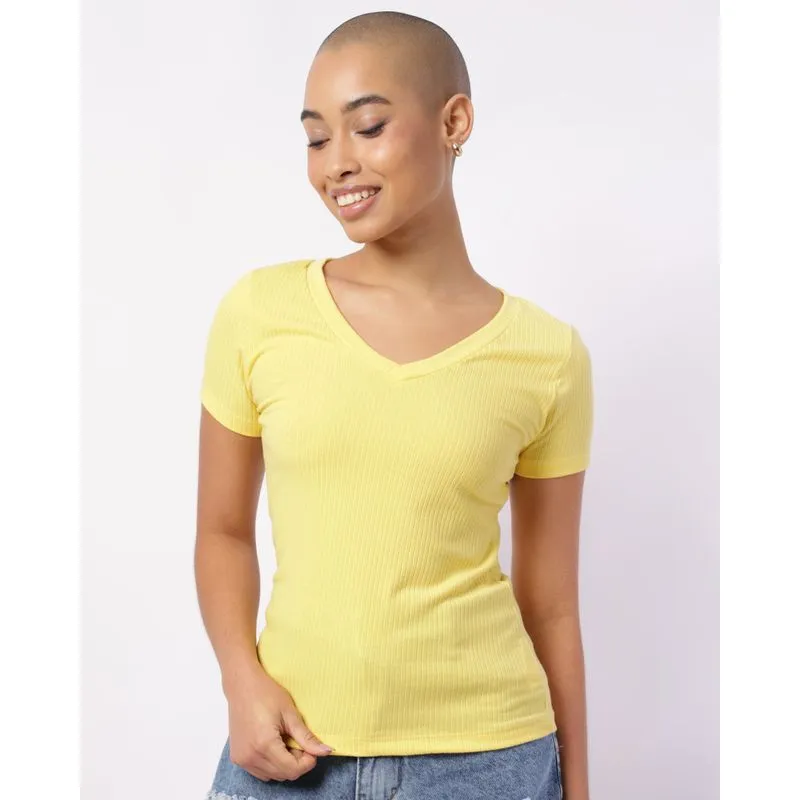 Camiseta Feminina Básica Canelada Decote V Amarela P