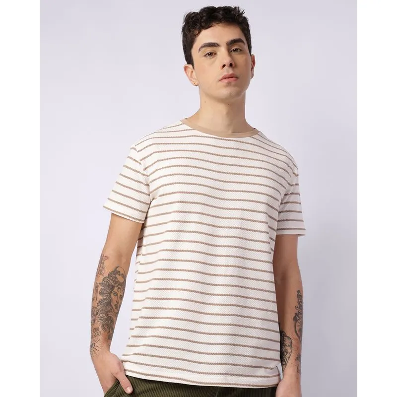 Camiseta Masculina Texturizada Listrada Manga Curta Bege G