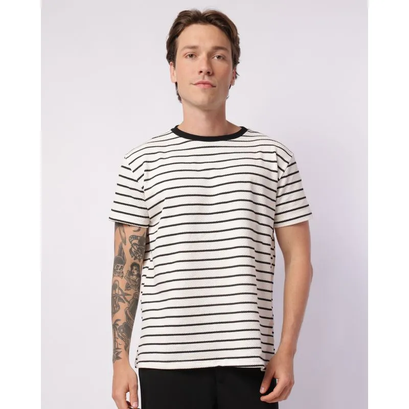 Camiseta Masculina Algodão Texturizada Listrada Manga Curta Preta G