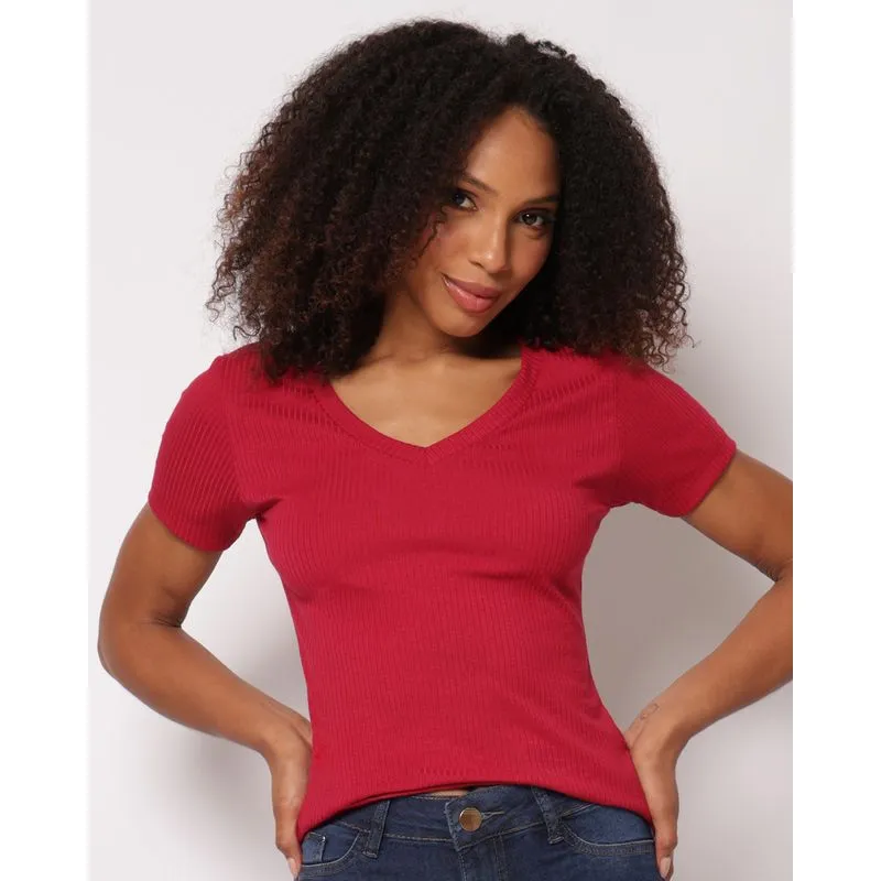 Camiseta Feminina Canelada Manga Curta Rosa M