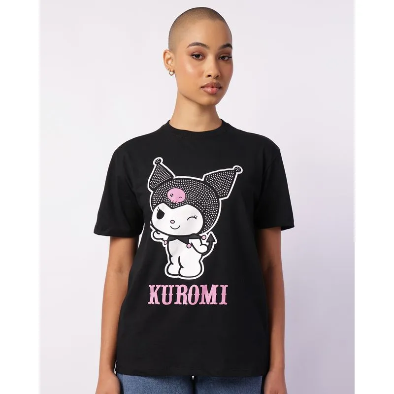 Camiseta Feminina Kuromi com Strass Manga Curta Preta G