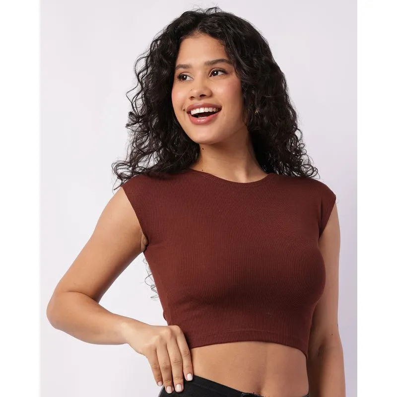 Blusa Feminina Cropped Canelada Manga Curta Marrom G