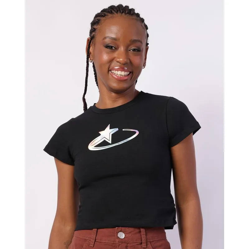 Camiseta Feminina com Estampa Foil Estrela Manga Curta Preta M