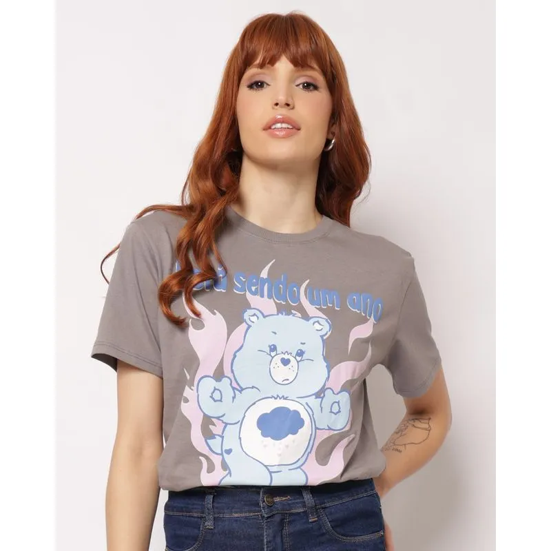 Camiseta Feminina Ursinhos Carinhosos Oversized Cinza M