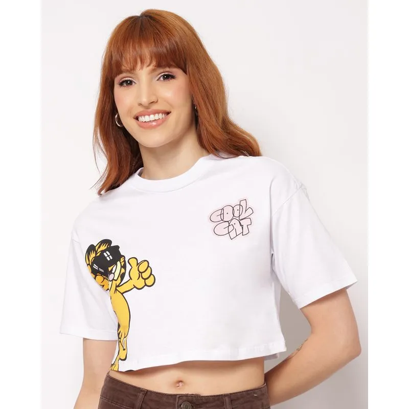 Camiseta Feminina Cropped Algodão Garfield Manga Curta Branca G
