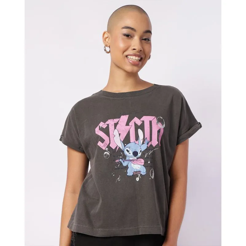 Camiseta Feminina Algodão Disney Stitch Manga Curta Dobrada Cinza M