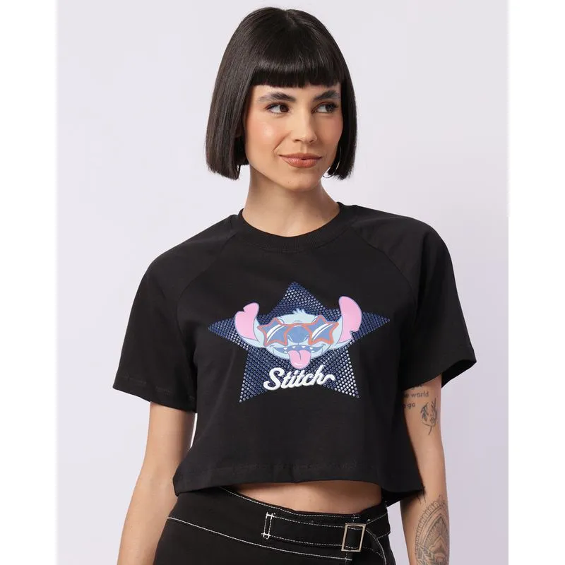 Camiseta Feminina Cropped Disney Stitch com Glitter Preta M