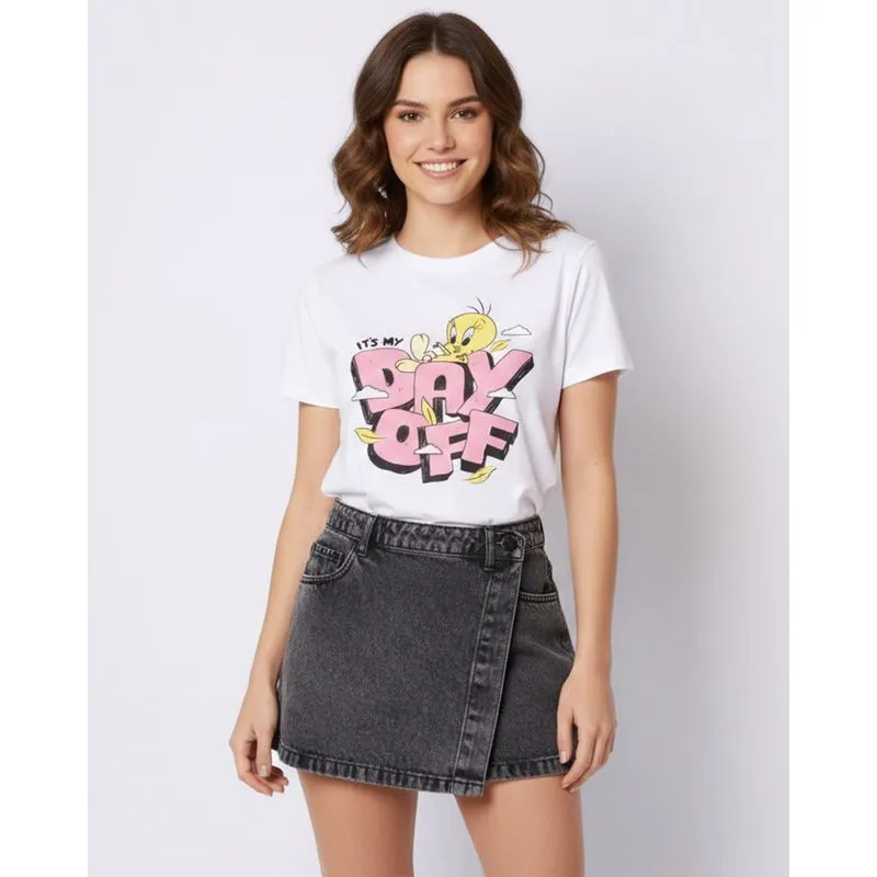 Camiseta Feminina Algodão Looney Tunes Piu-Piu Manga Curta Branca M