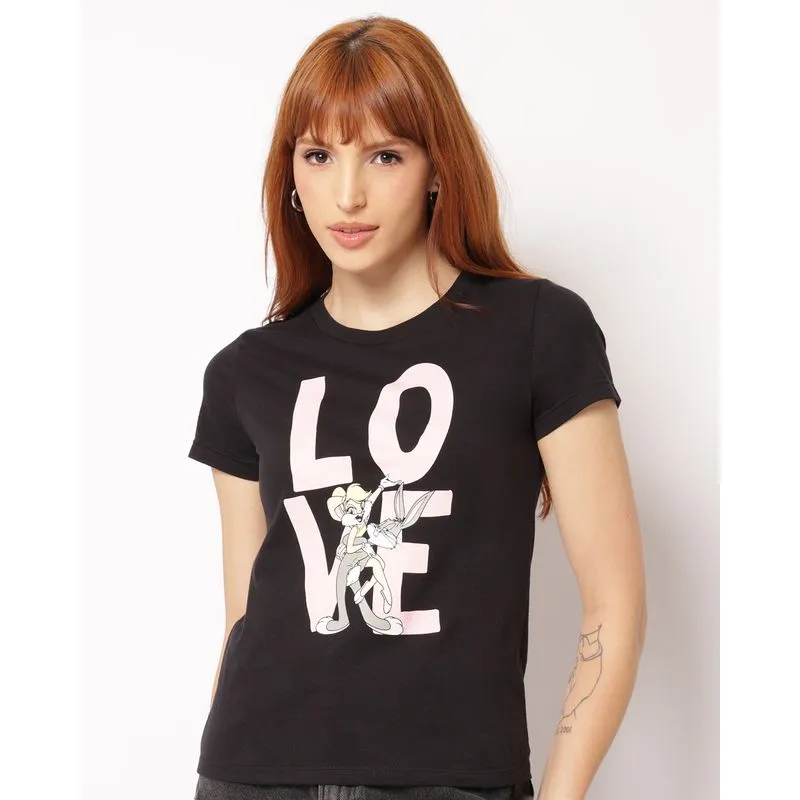 Camiseta Feminina Algodão Looney Tunes Manga Curta Preta P