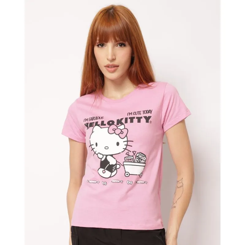 Camiseta Feminina Algodão Hello Kitty Manga Curta Rosa GG