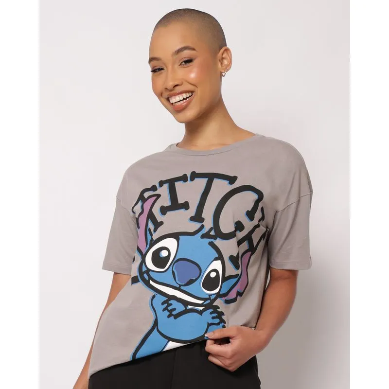 Camiseta Feminina Oversized Algodão Disney Stitch Cinza M
