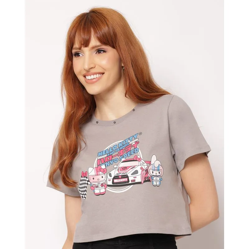 Camiseta Feminina Cropped Algodão Hello Kitty com Aplicação Cinza G