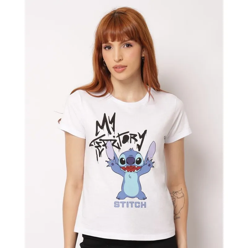 Camiseta Feminina Algodão Disney Stitch Manga Curta Branca P