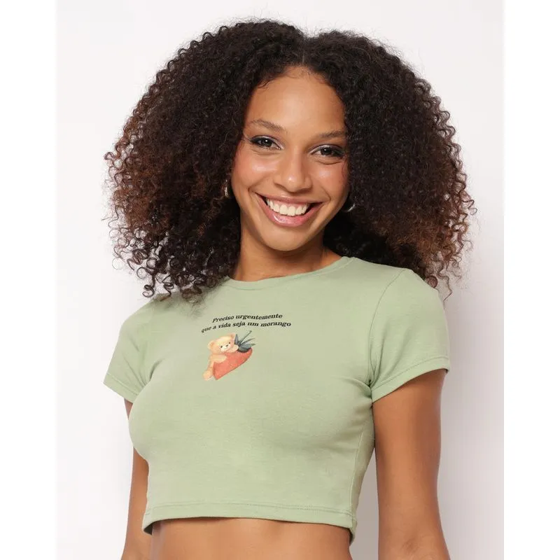 Camiseta Feminina Cropped Algodão Estampa Urso Manga Curta Verde G