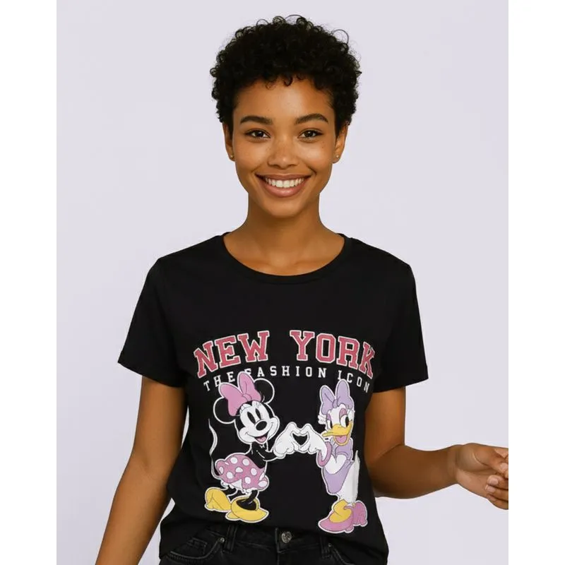 Camiseta Feminina Algodão Disney Minnie e Margarida Manga Curta Preta GG