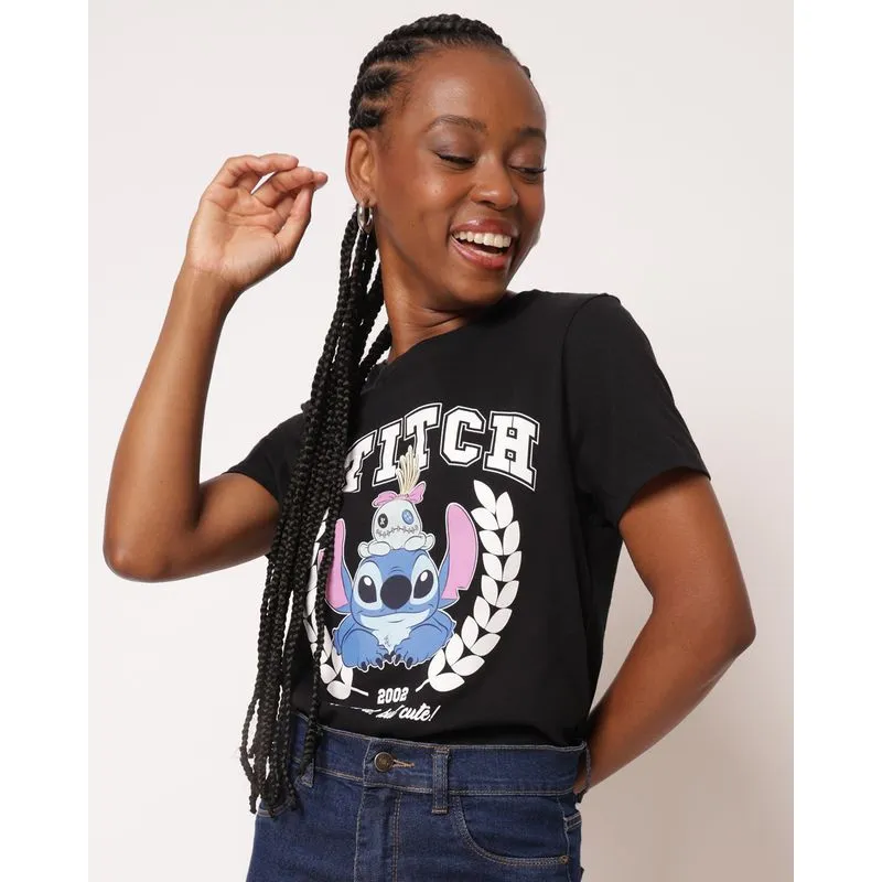 Camiseta Feminina Stitch Disney Manga Curta Preta G