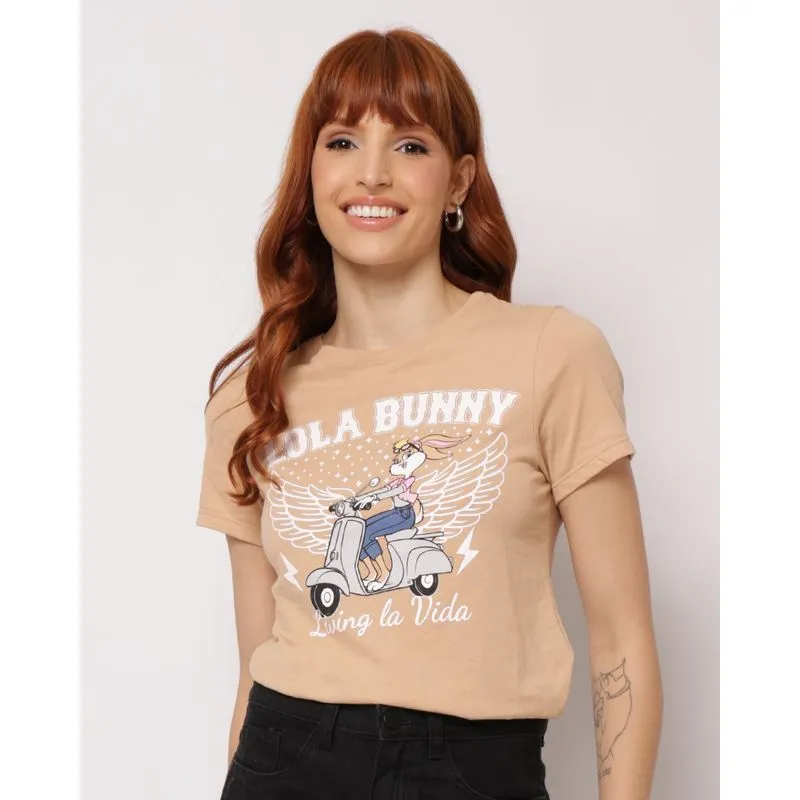 Camiseta Feminina Algodão Looney Tunes Lola Bunny Bege GG