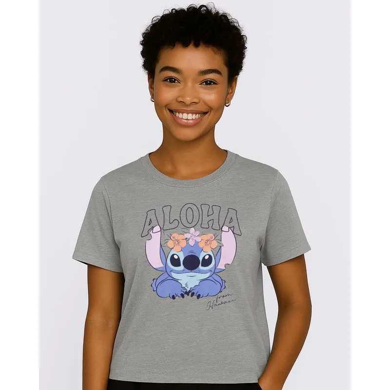 Camiseta Feminina Disney Stitch Manga Curta Cinza G