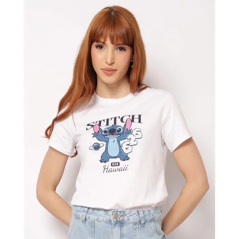 Camiseta Feminina Algodão Disney Estampa Stitch Manga Curta Branca GG