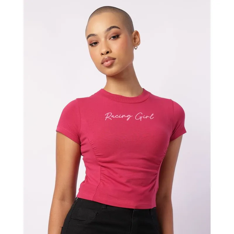 Camiseta Feminina Cropped Racing com Franzidos Rosa G