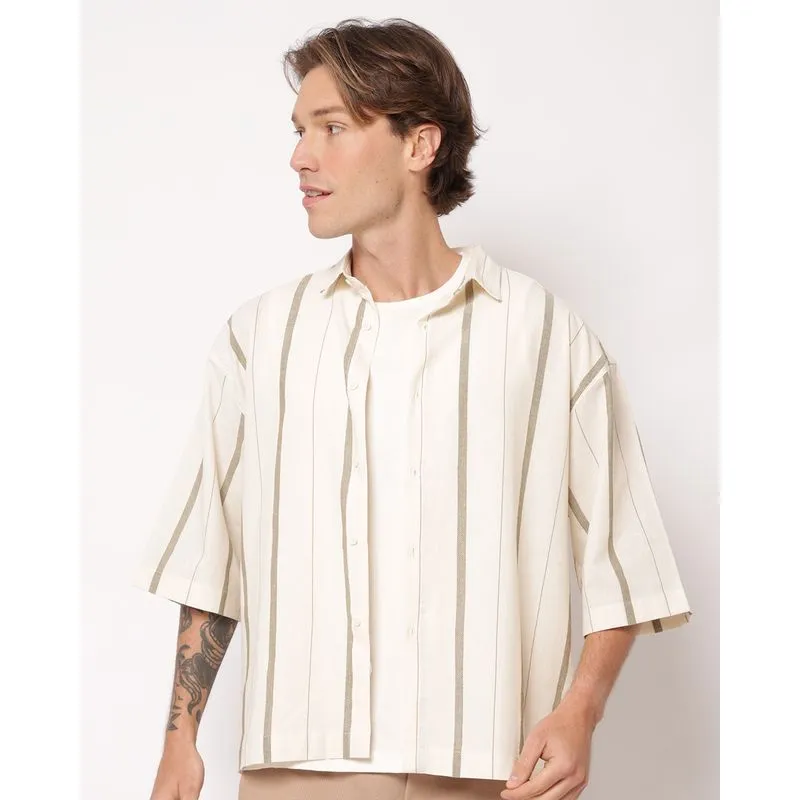 Camisa Masculina Algodão Listrada Manga Curta Off White 1