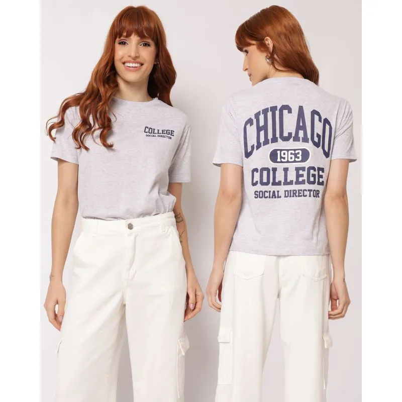 Camiseta Feminina Algodão com Estampa College Cinza GG