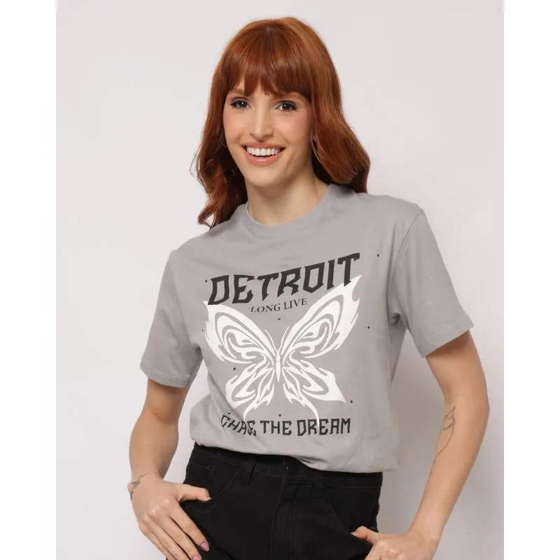 Camiseta Feminina Algodão com Estampa Cinza G