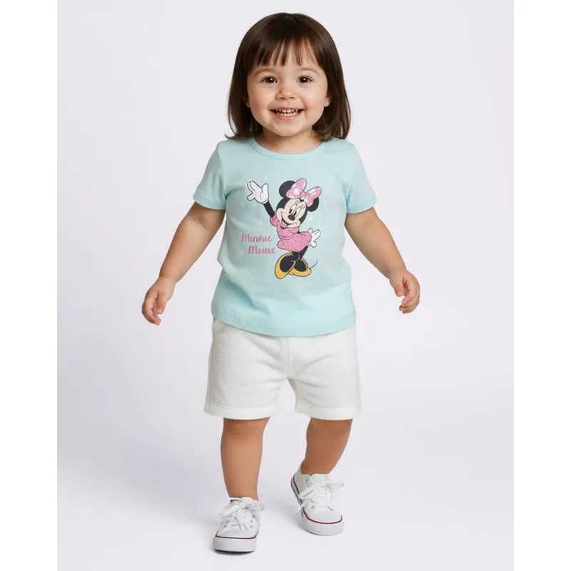 Camiseta Bebê Disney Minnie Com Glitter Manga Curta Azul 1