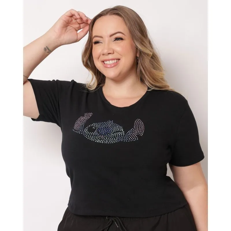 Camiseta Plus Size Feminina Algodão Disney Stitch Strass Preta G3