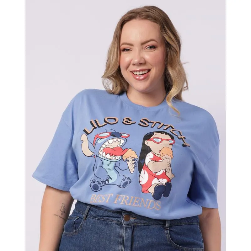 Camiseta Plus Size Feminina Algodão Disney Lilo & Stitch Azul G1