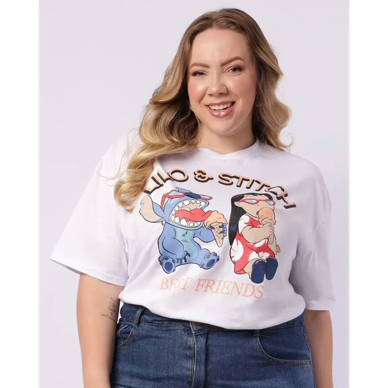 Camiseta Plus Size Feminina Algodão Disney Lilo & Stitch Branca G2
