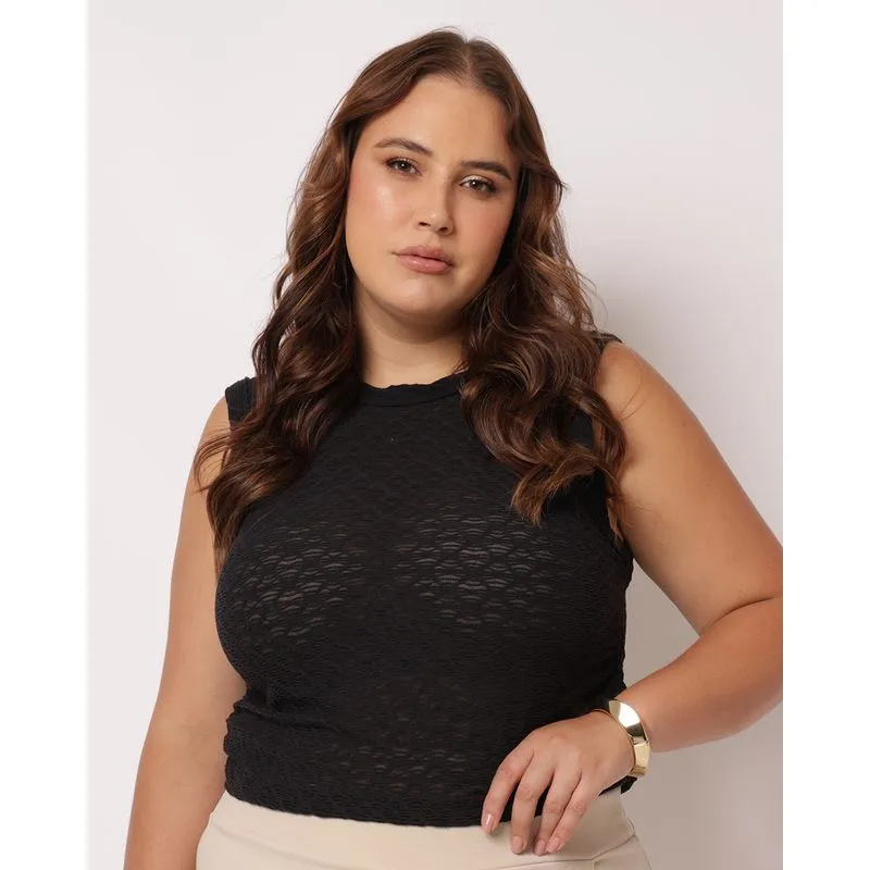 Regata Plus Size Feminina Texturizada Detalhe Lateral Preto G2