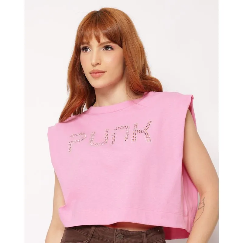 Regata Feminina Cropped Algodão Estampa com Strass Rosa GG