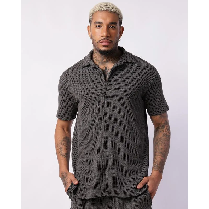 Camisa Masculina Texturizada Jacquard com Botões Cinza G