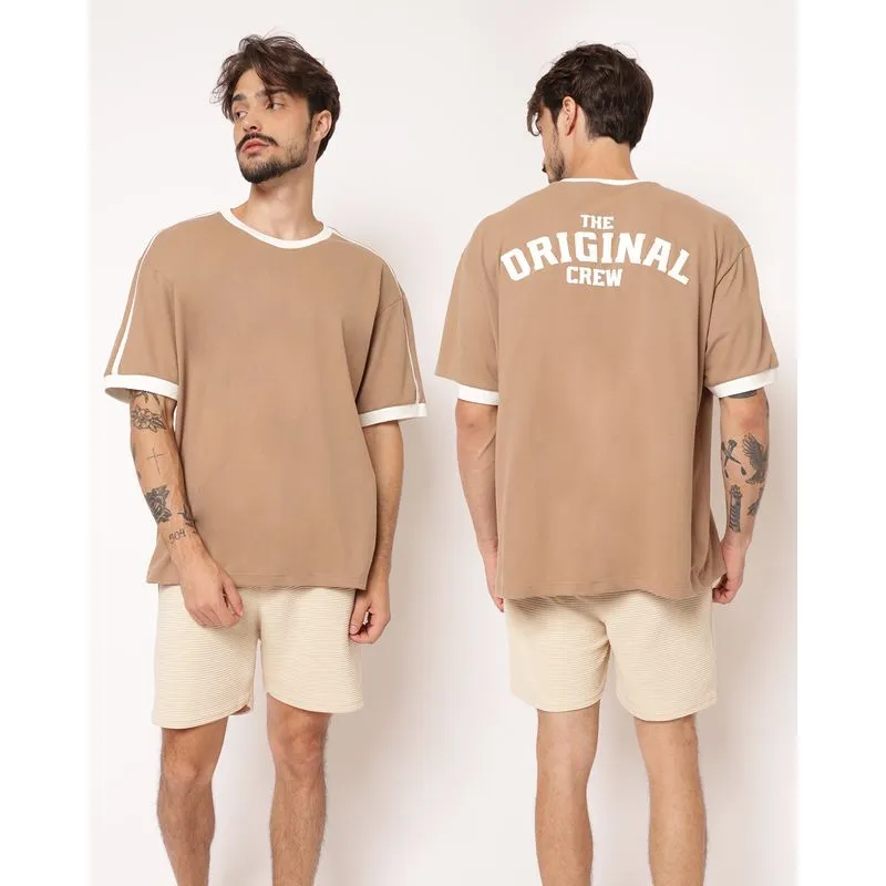 Camiseta Masculina Texturizada com Estampas nas Costas Bege XG